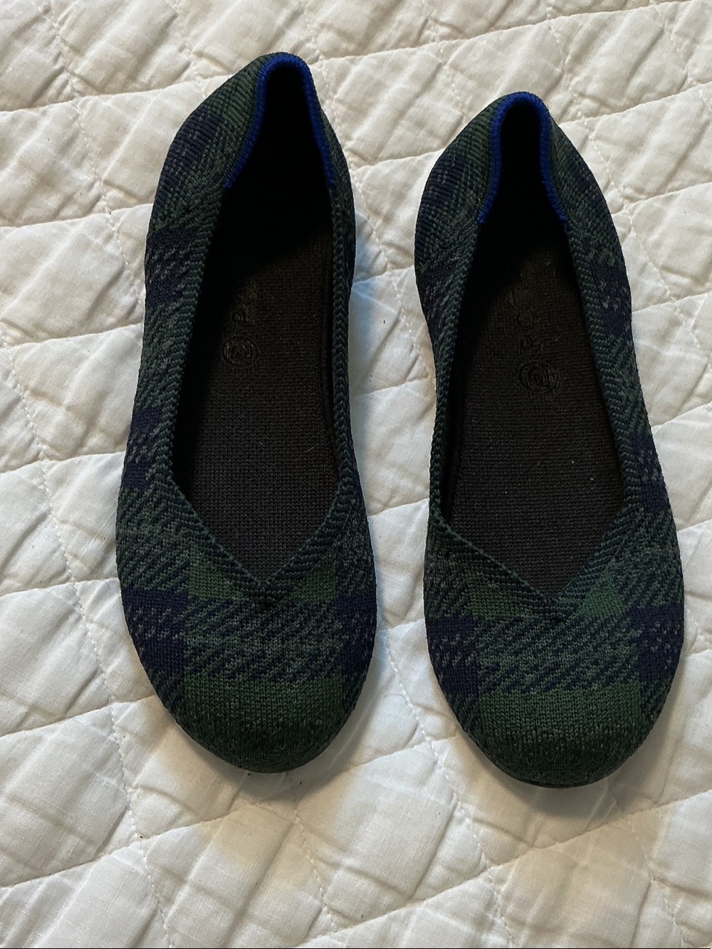 Rothy's "The Flat" in the limited edition Forest tartan size 8.5 green and blue